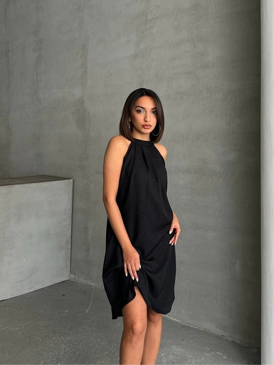 Minimal Stil Askılı Siyah Keten Elbise