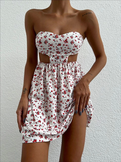 Çiçek Desenli Cut-Out Straplez Mini Elbise
