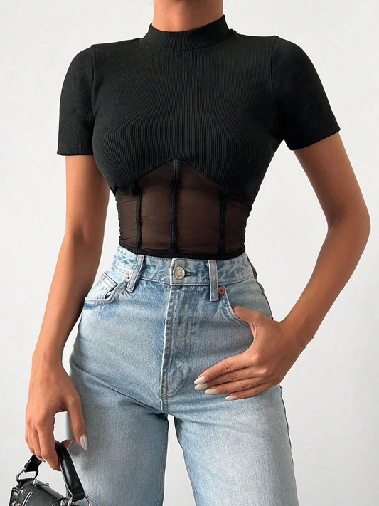Yüksek Yaka Tül Detaylı Crop