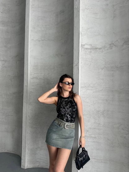 Metalik Işıltılı Siyah Bluz